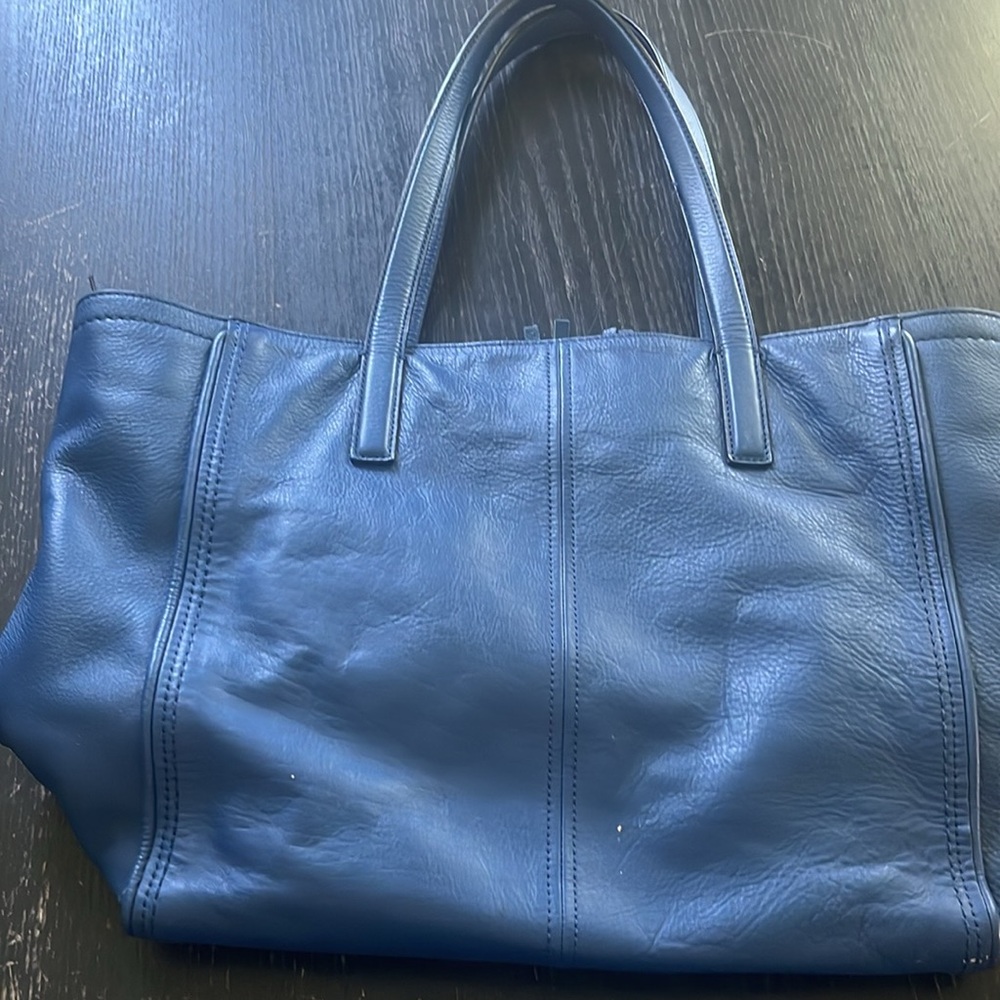 Blue Leather Tassel Tote Bag with Gold Ring Accent - Picture 3 of 5